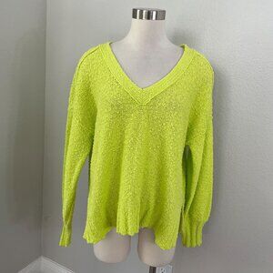 Pilcro Womens Small Neon Lime Green Bouclé Pilled V Neck‎ Knit Sweater